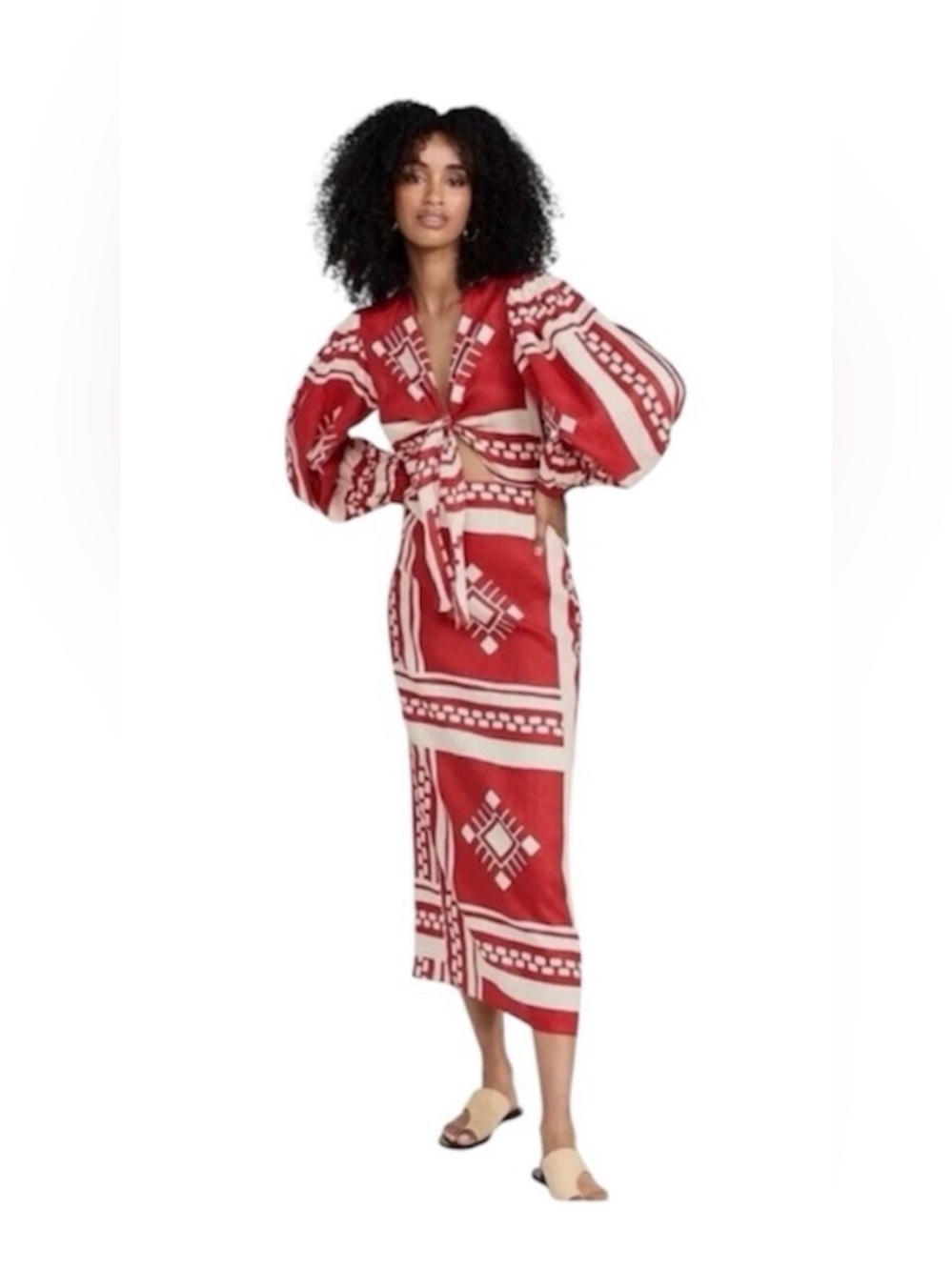Caroline Constas Sun Goddess Red Patterned Linen Blend Front Knot Tie Midi Dress